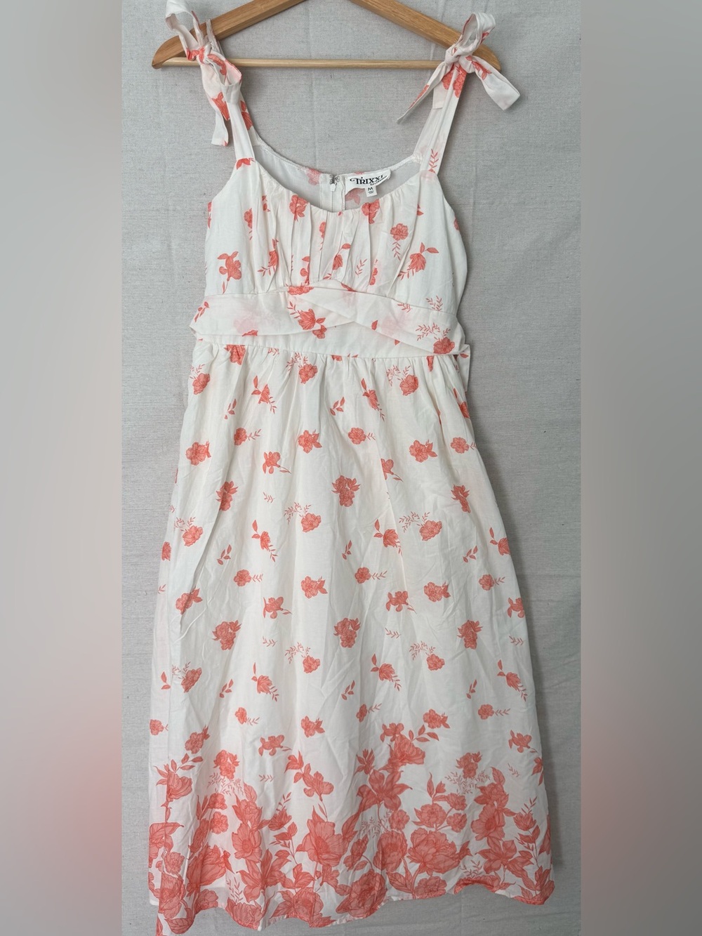 Trixxi Floral Midi Dress Women’s M Cotton Shell White Coral Pink Bow Detail NWT
